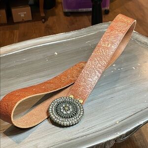 Fossil Tan Embossed Leather Belt with Ornate Buckle